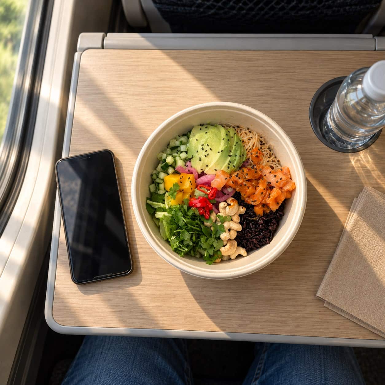 Packad sallad från Togogo på ett tågbord