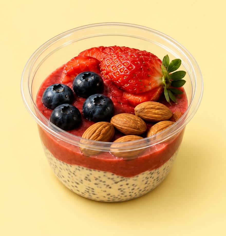 Frukostburk med jordgubbar, blåbär och mandlar på smörgul bakgrund