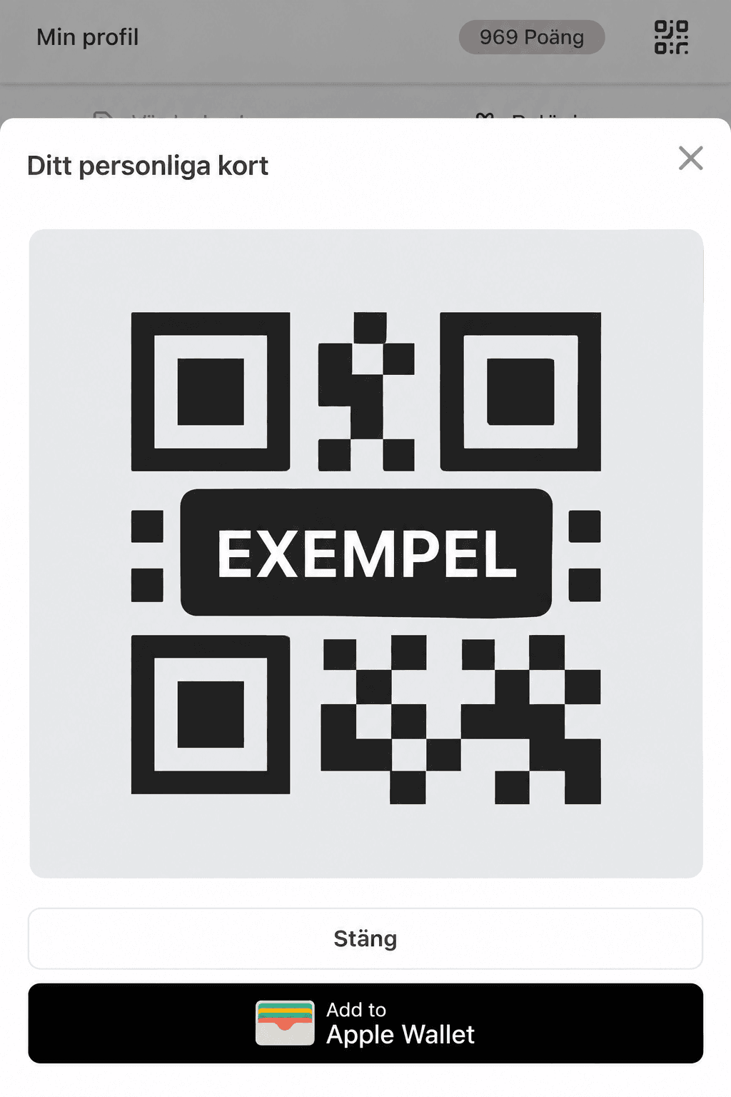 Exempel på vyn Ditt personliga kort där din QR-kod visas. Bildens kod är ersatt med en exempelbild.