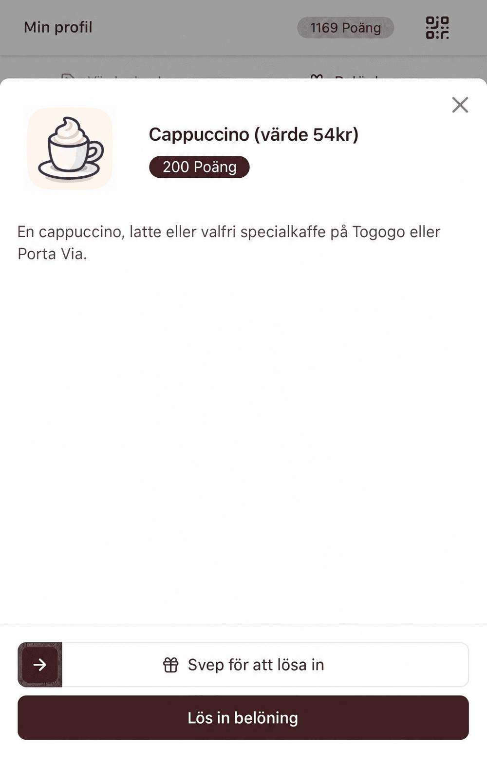 Cappuccinons belöningssida med reglaget Svep för att lösa in längst ned.