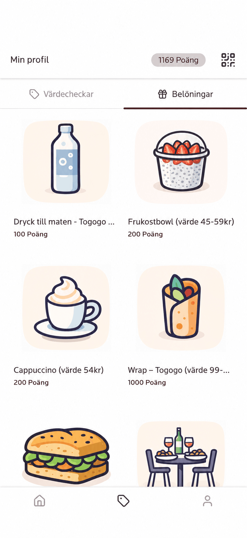 Belöningar i Kompis med cappuccino som ett av alternativen.